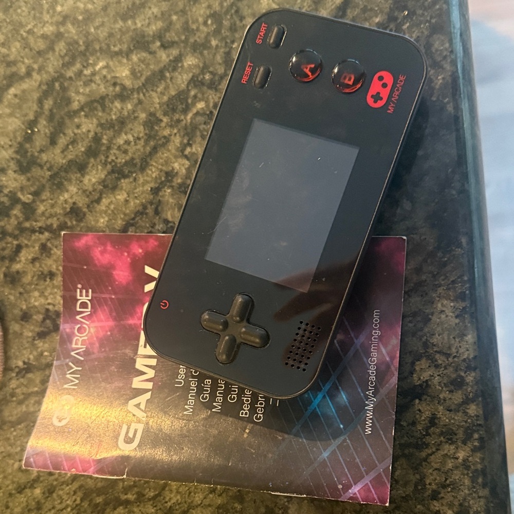 Arcade Black Handheld Gaming Console with Red Button Accents